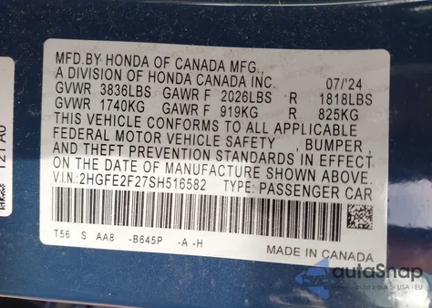 2025 Honda Civic Lx из США, поврежденный, VIN 2HGFE2F27SH516582